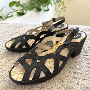 Fly London LUXOR SANDALS WOMEN Black Leather Block Heel Buckle Strap 41 10-10.5‎
